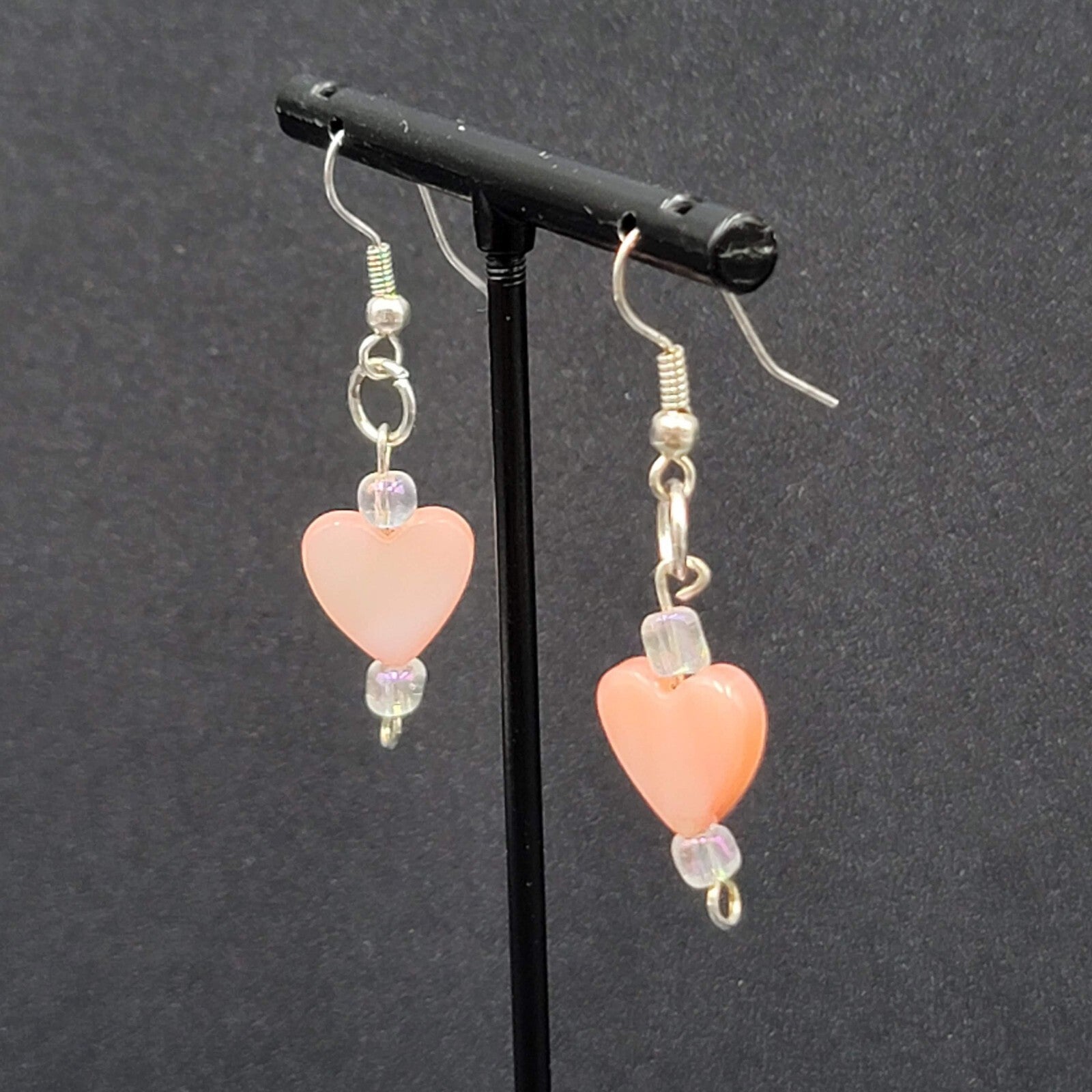 Pierced Earrings Silver tone Pink Mother of Pearl Heart 1"