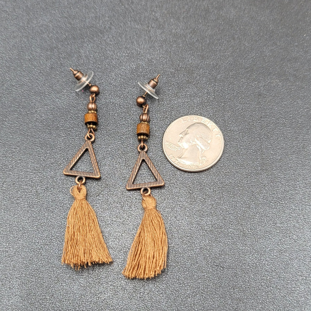 Tassel Pierced Earrings Bronze tone Wood Triangle Dangle 2.75"