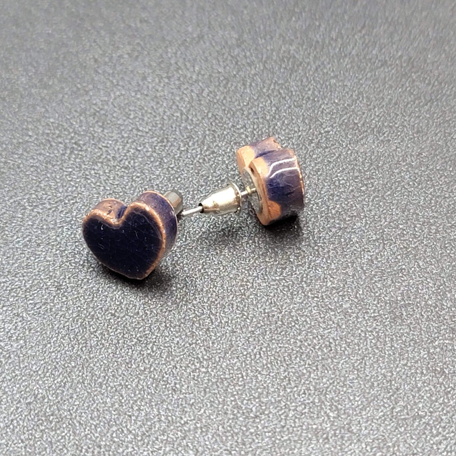 Heart Pierced Earrings Purple Pottery Studs 1/2"