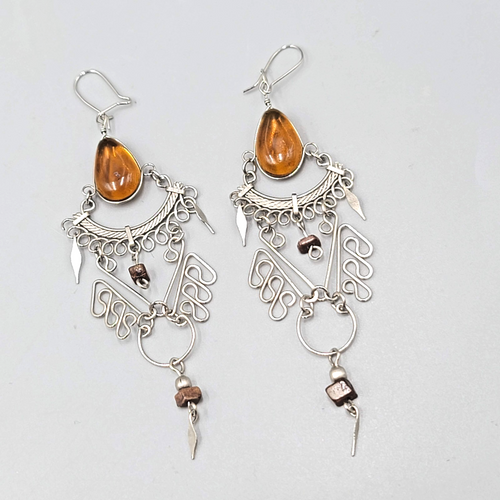 Bohemian Chandelier Brown Glass Pierced Earrings Silver tone Dangle 3.25"