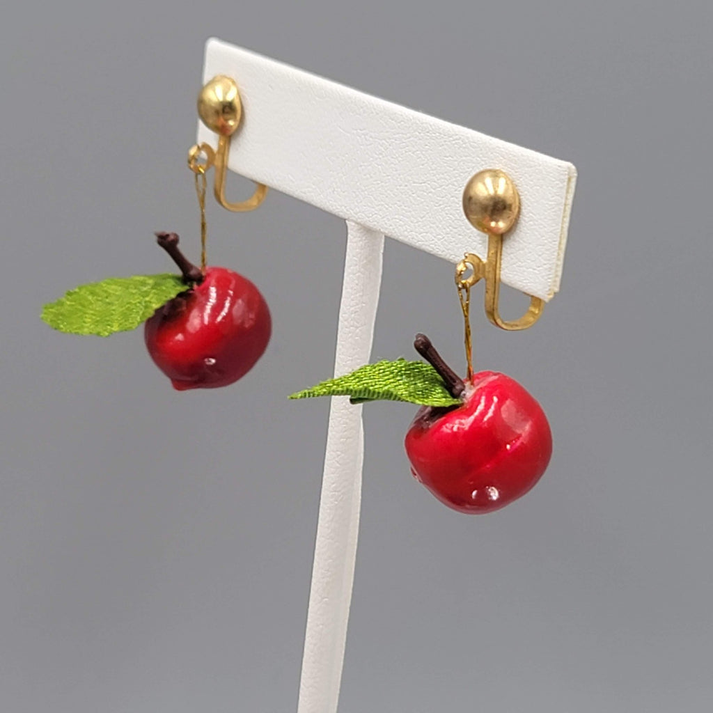 Vintage Apple Clip on Earrings Gold tone Dangle 1 in