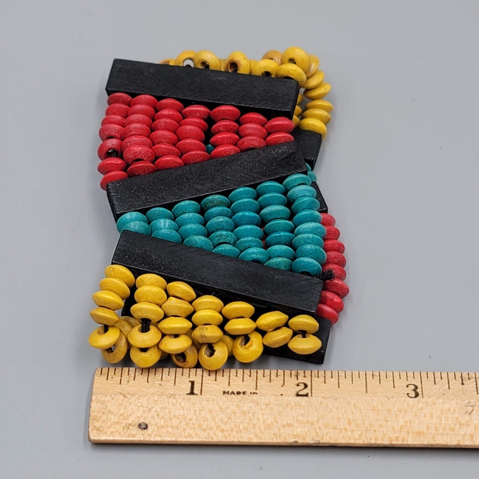 Wide Wood Bead Bracelet Teal Yellow Red 2" x 7"