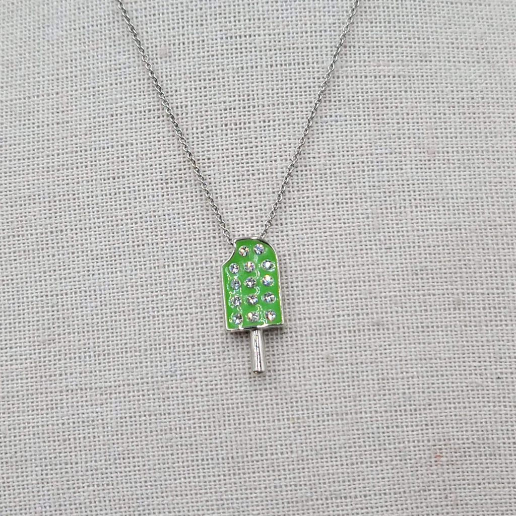 Lia Sophia Popsicle Pendant Necklace Green Enamel Crystal Silver tone 18"