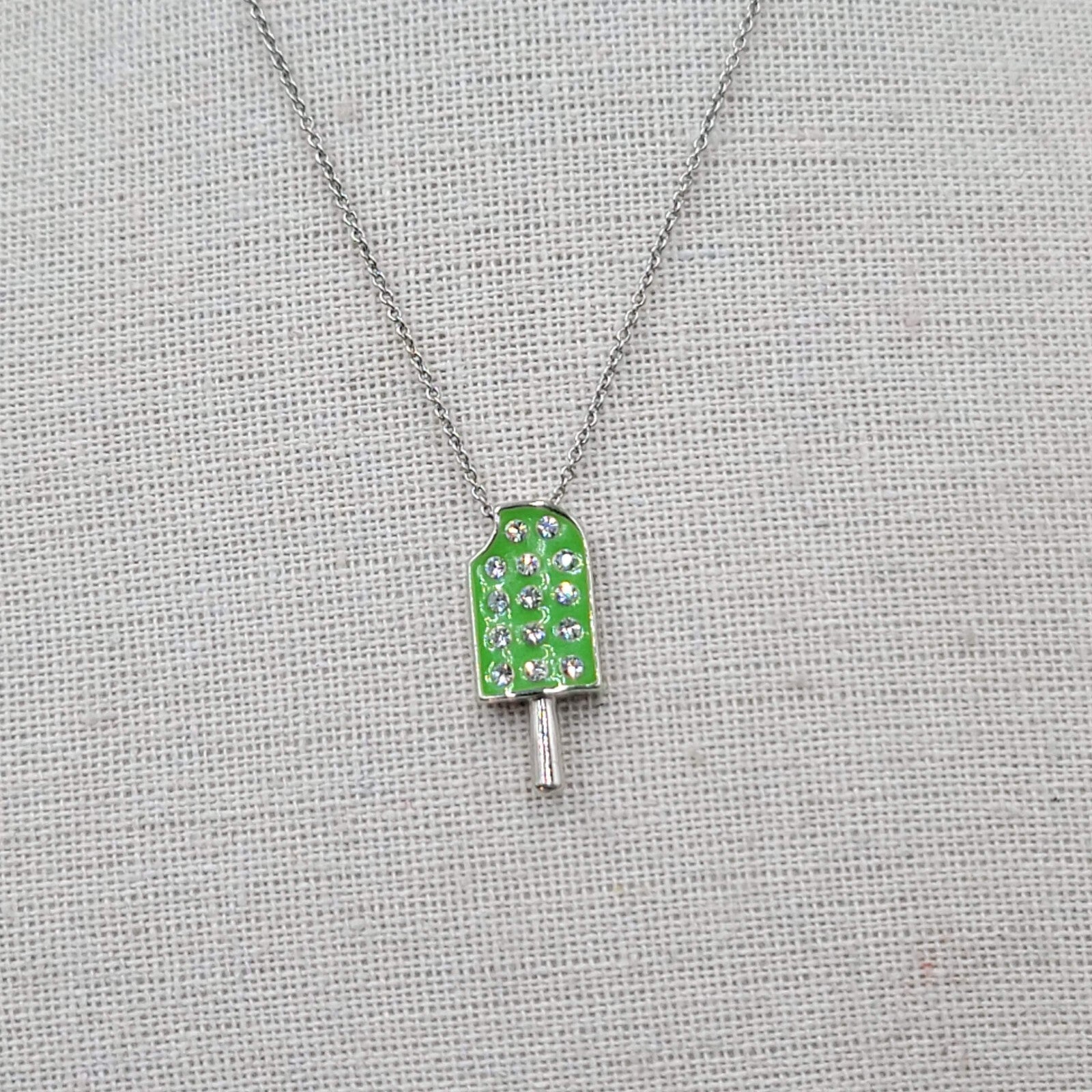 Lia Sophia Popsicle Pendant Necklace Green Enamel Crystal Silver tone 18"