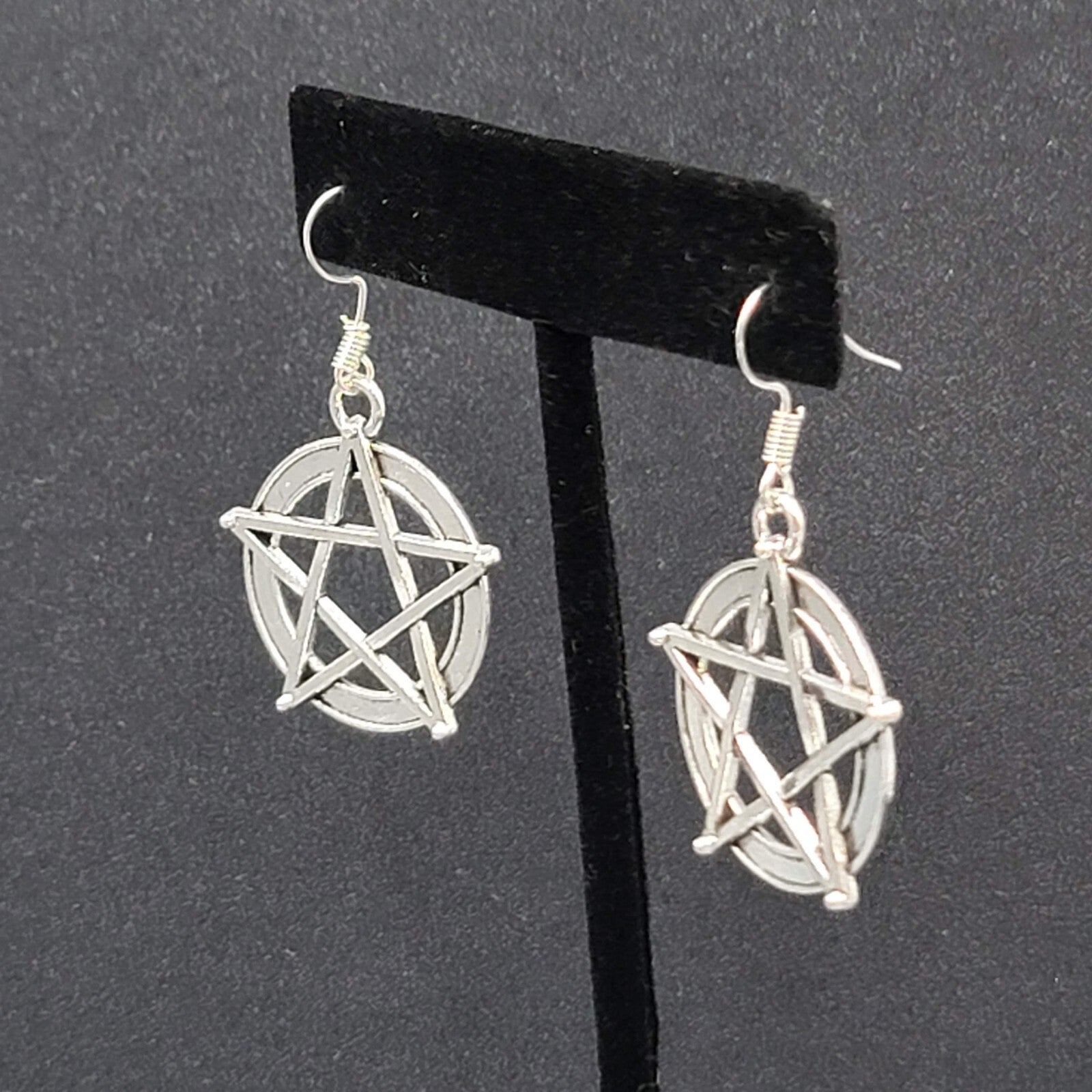 Pentacle Pierced Earrings Silver tone Witch Pentagram Dangle 1 1/8"