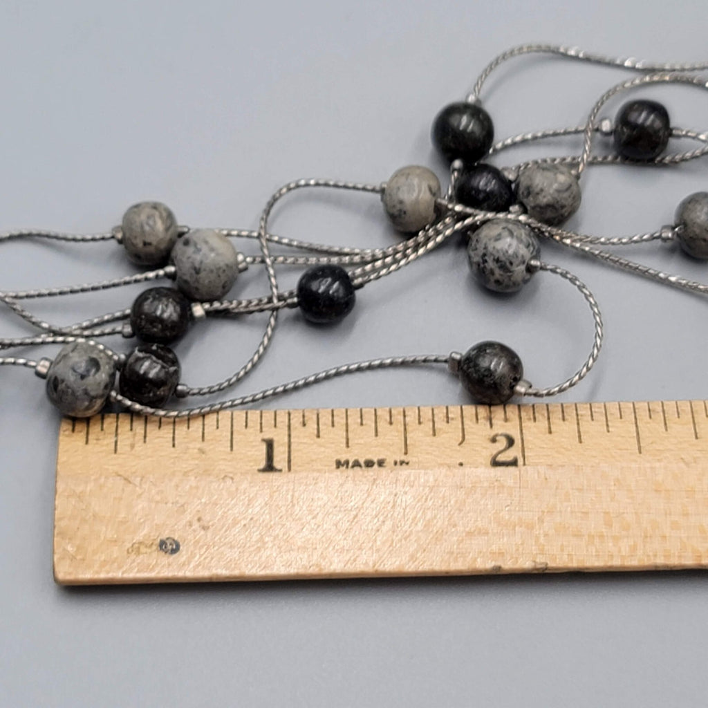 Triple Layer Gray Black Stone Station Bead Necklace Silver tone 16"