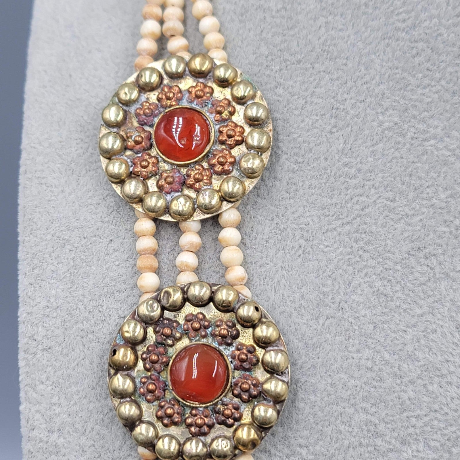 Vintage Ethnic African Bead Necklace Bovine Cow Bone Brass Carnelian Stone