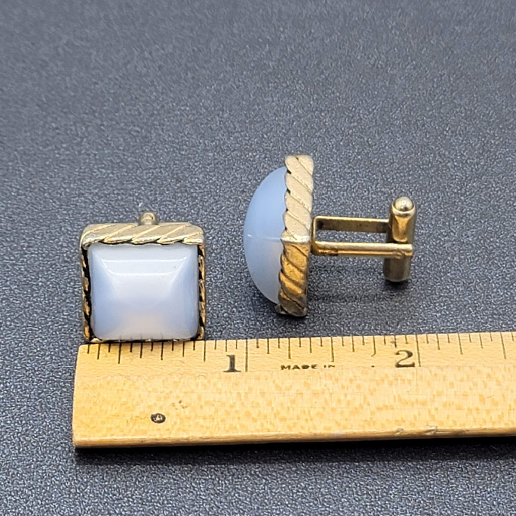 Vtg Cufflinks Gold tone Light Blue Chatoyant Domed Square Costume Mens Jewelry