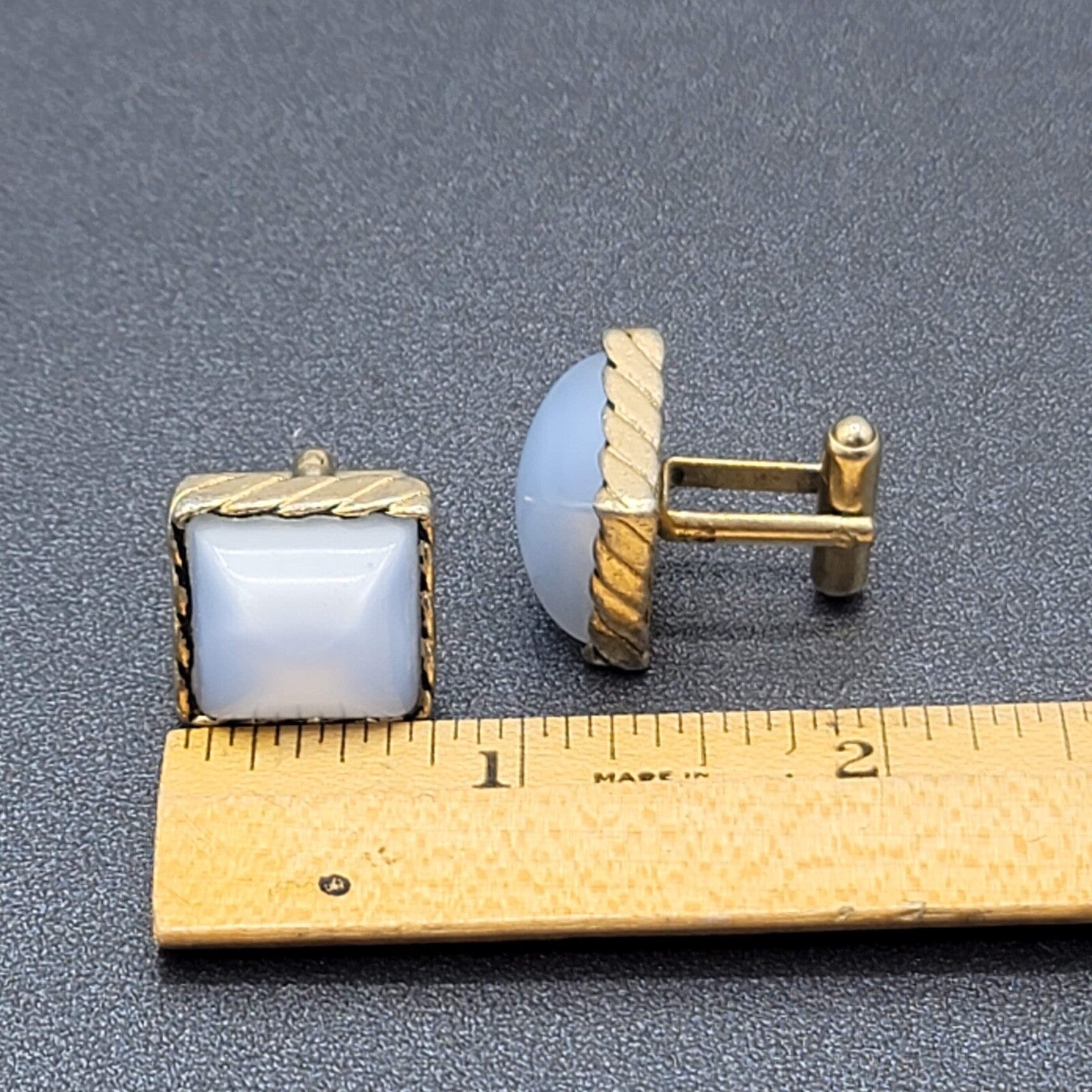 Vtg Cufflinks Gold tone Light Blue Chatoyant Domed Square Costume Mens Jewelry