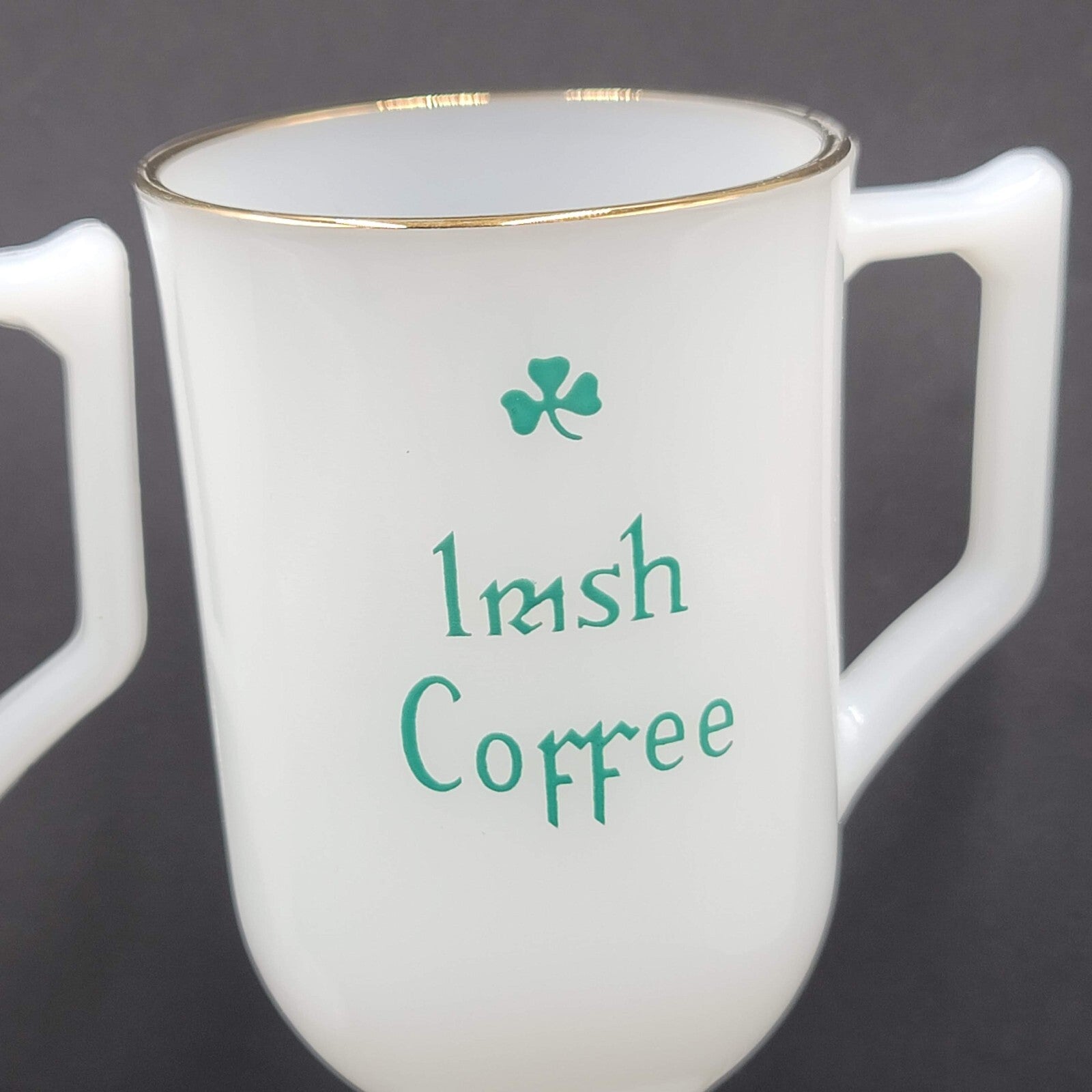 Irish Coffee Milk Glass Pedestal Cup Mugs White Green Barware Set Of 2!