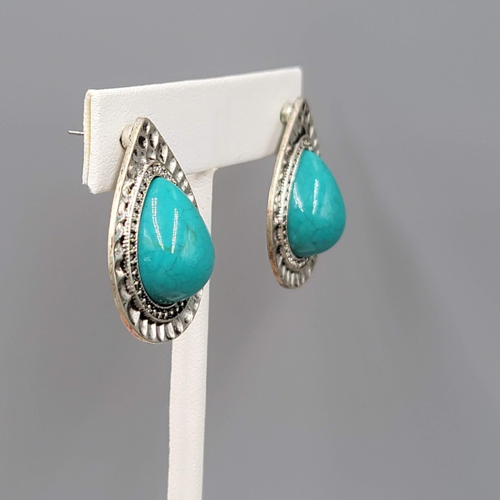 Teardrop Pierced Earrings Silver tone Blue Accent 1.25"