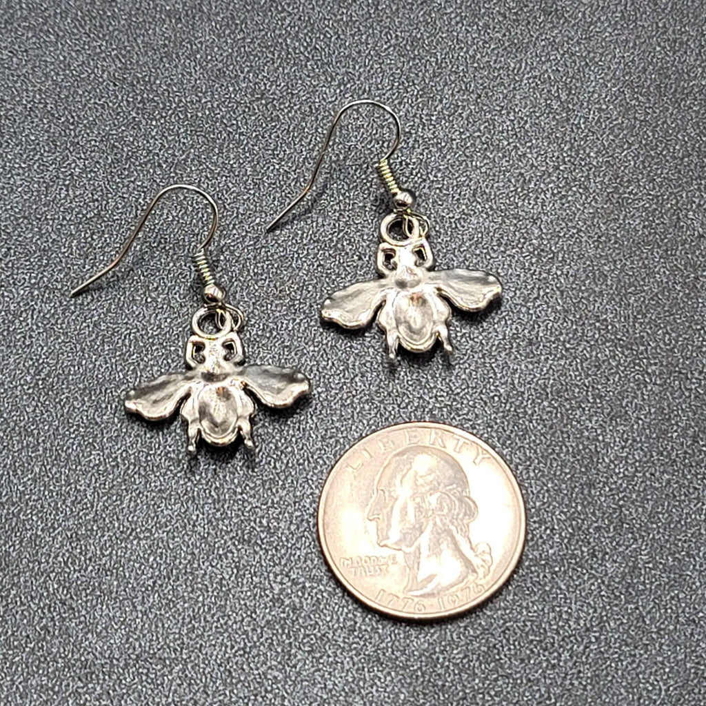 Flying Bee Pierced Earrings Silver tone Dangle 3/4"