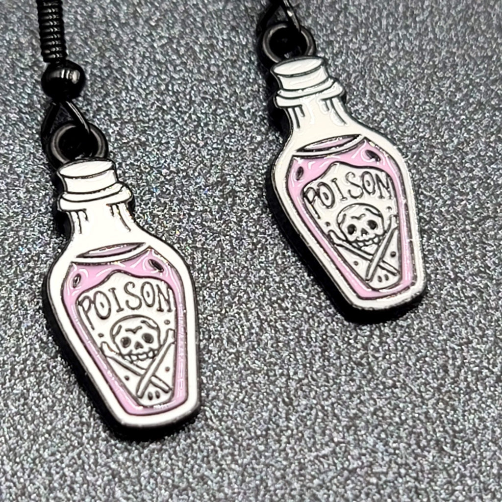 Poison Pierced Earrings Purple Black White Enamel Dangle 7/8" 