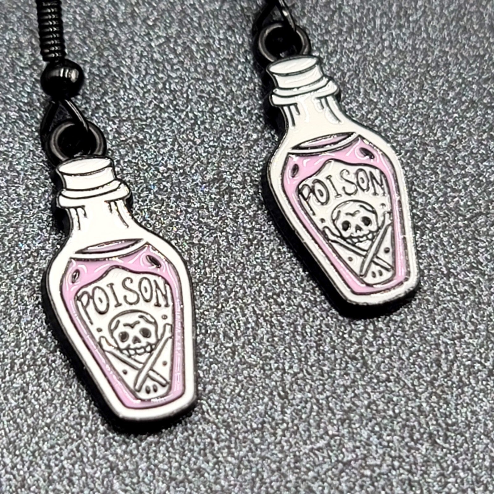 Poison Pierced Earrings Purple Black White Enamel Dangle 7/8" 