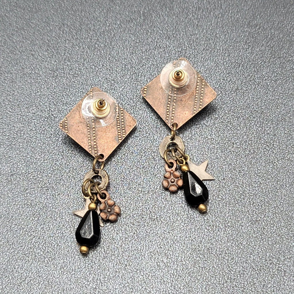 Pierced Earrings Copper and Silver tone Star Black Beads Layered Dangle 2"