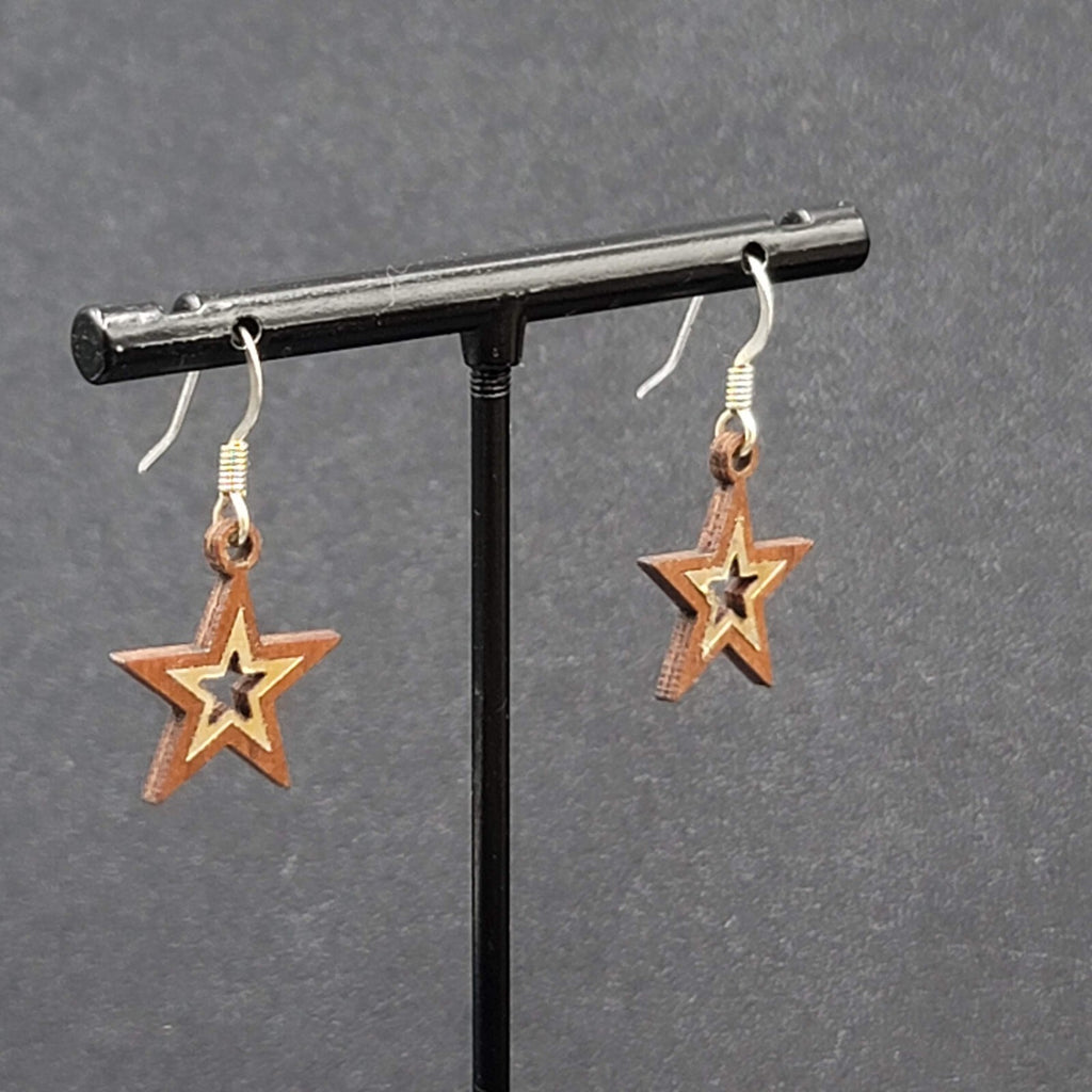 Star Pierced Earrings Wood Dangle 3/4"