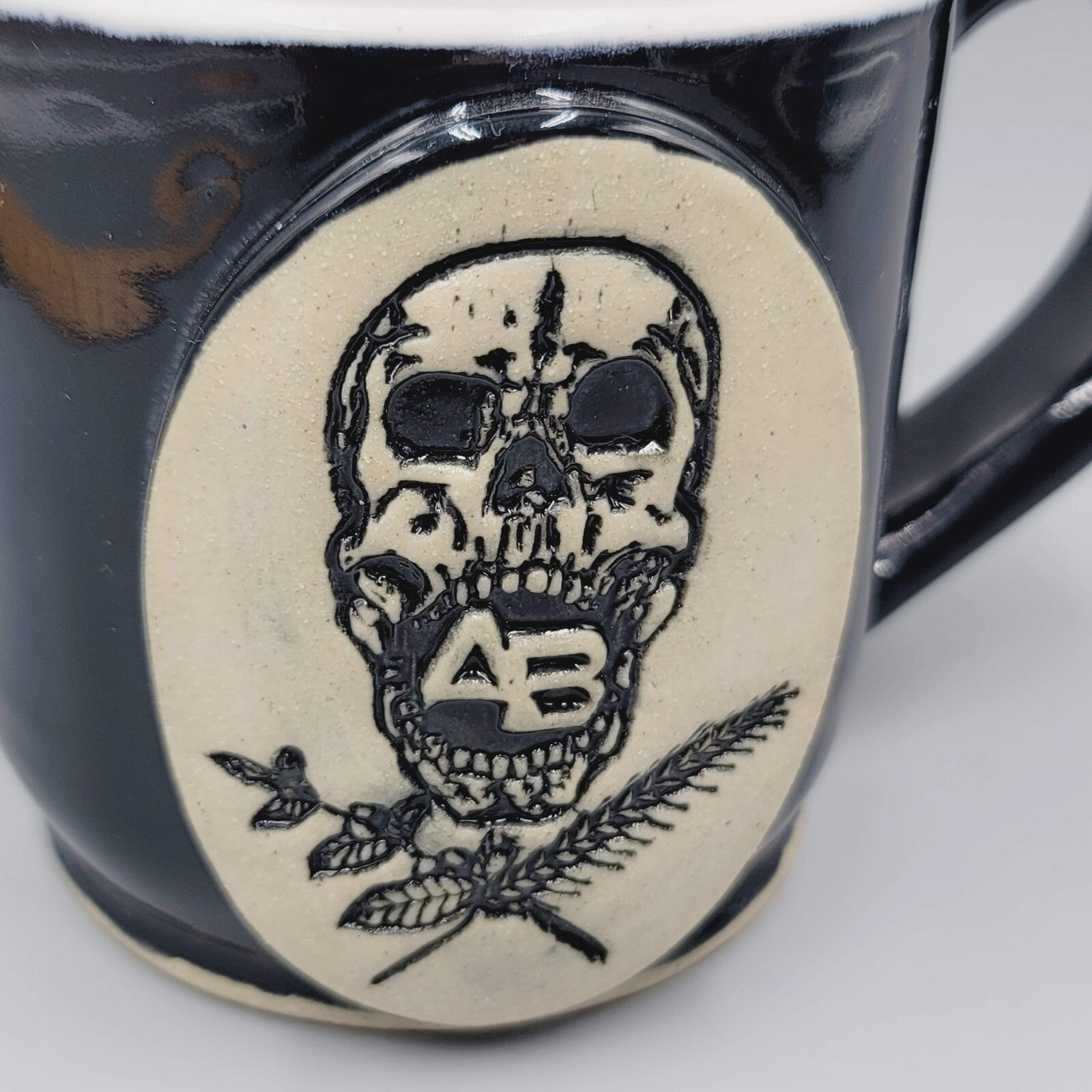 Skull Coffee Mug Black AB Signed Pottery