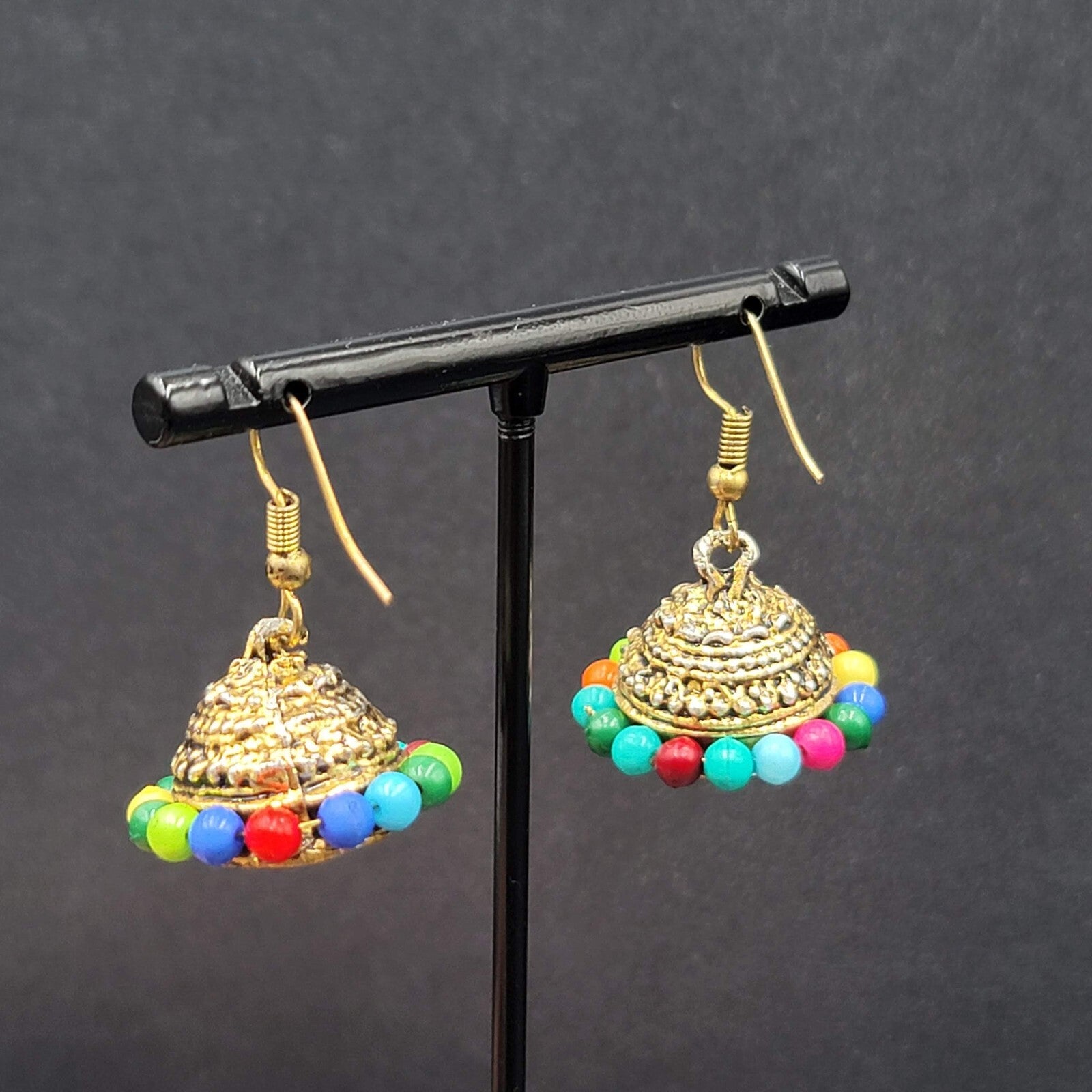 Vintage Pierced Earrings Bohemian Gold tone Multicolor Bead Dangle 3/4"