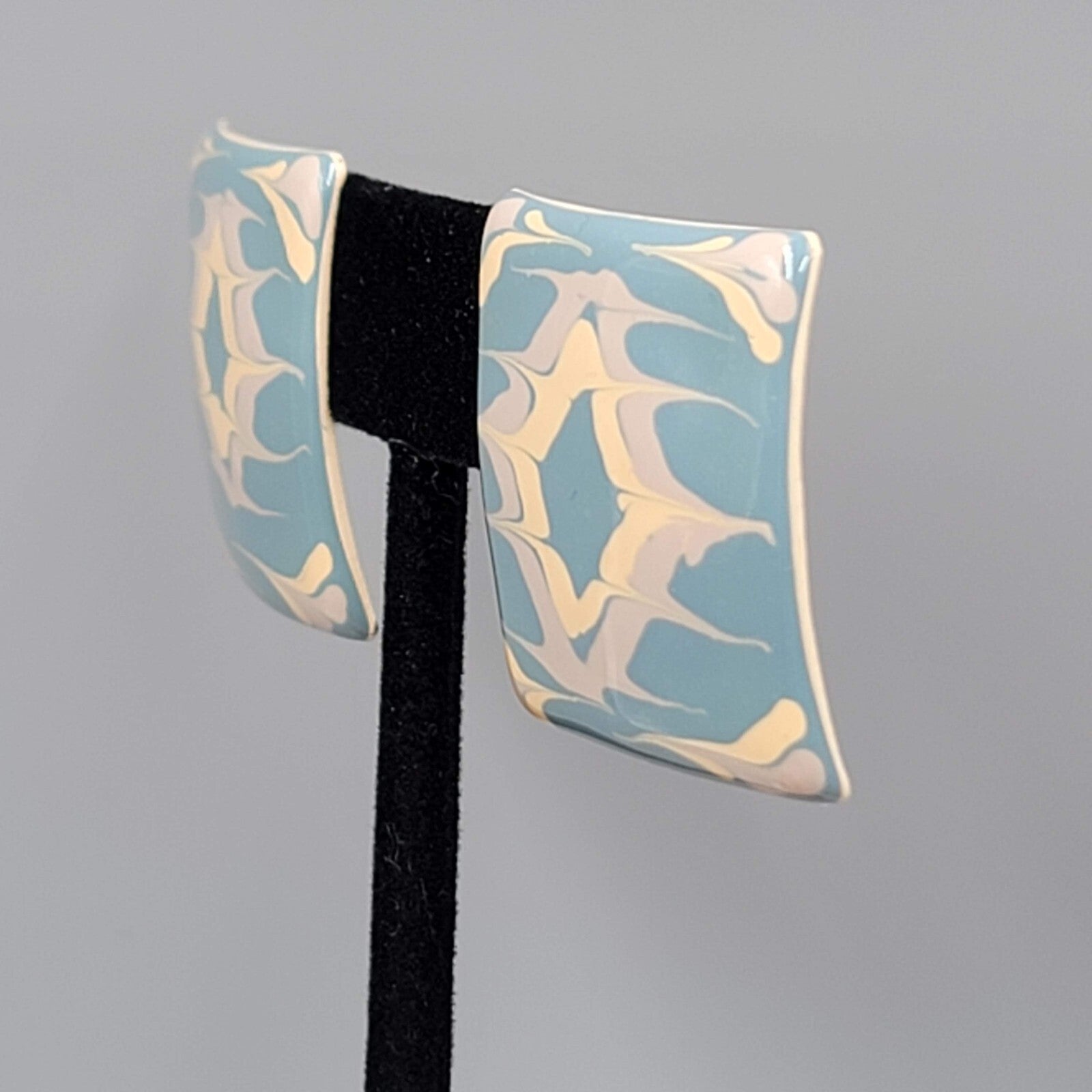 Vintage Pierced EarringsTan Blue Enamel over Metal Square Drop  1 1/8"