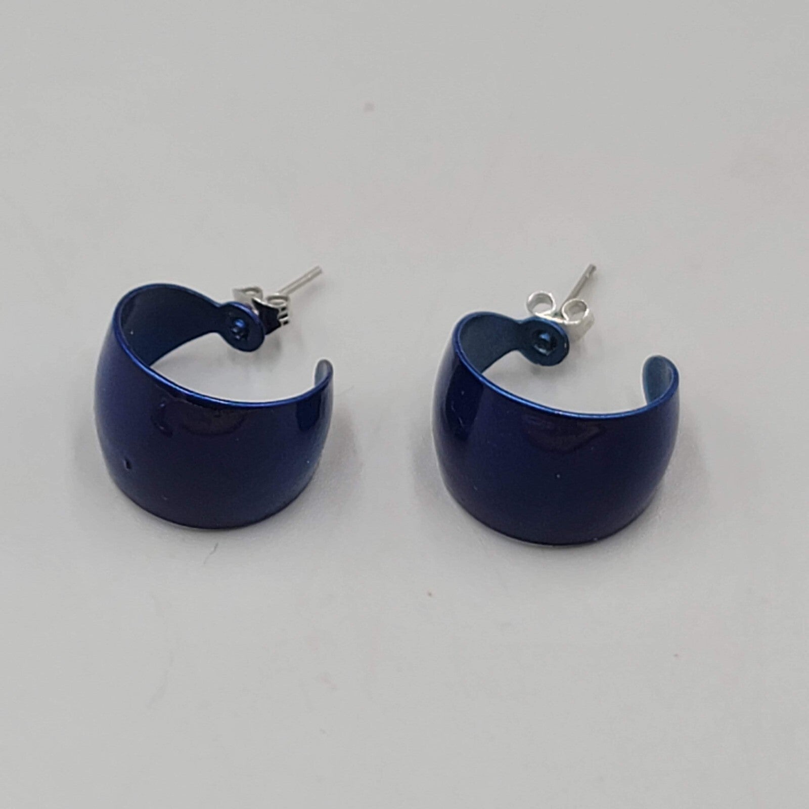 Vintage Blue Enamel Pierced Earrings Wide Hoops 5/8"