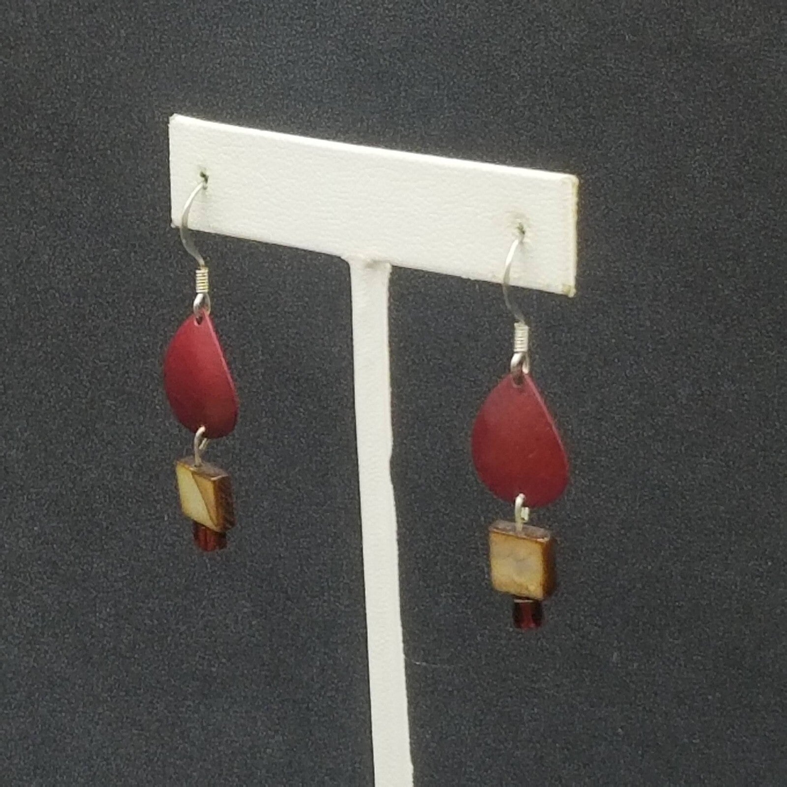 Pierced Earrings Red Enamel Shell Statement Dangle 3/8"