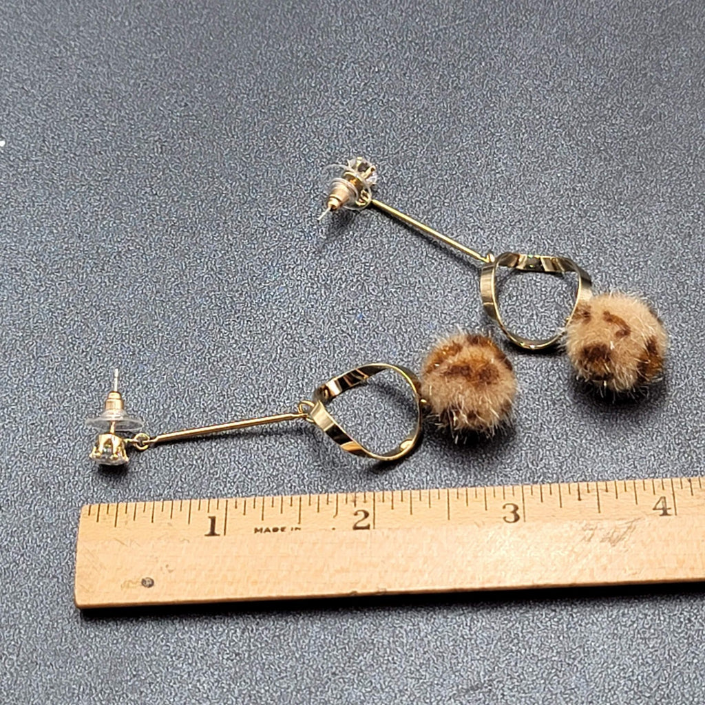 Pierced Earrings Gold tone Crystal Leopard Fuzz Ball Dangle 2.5"