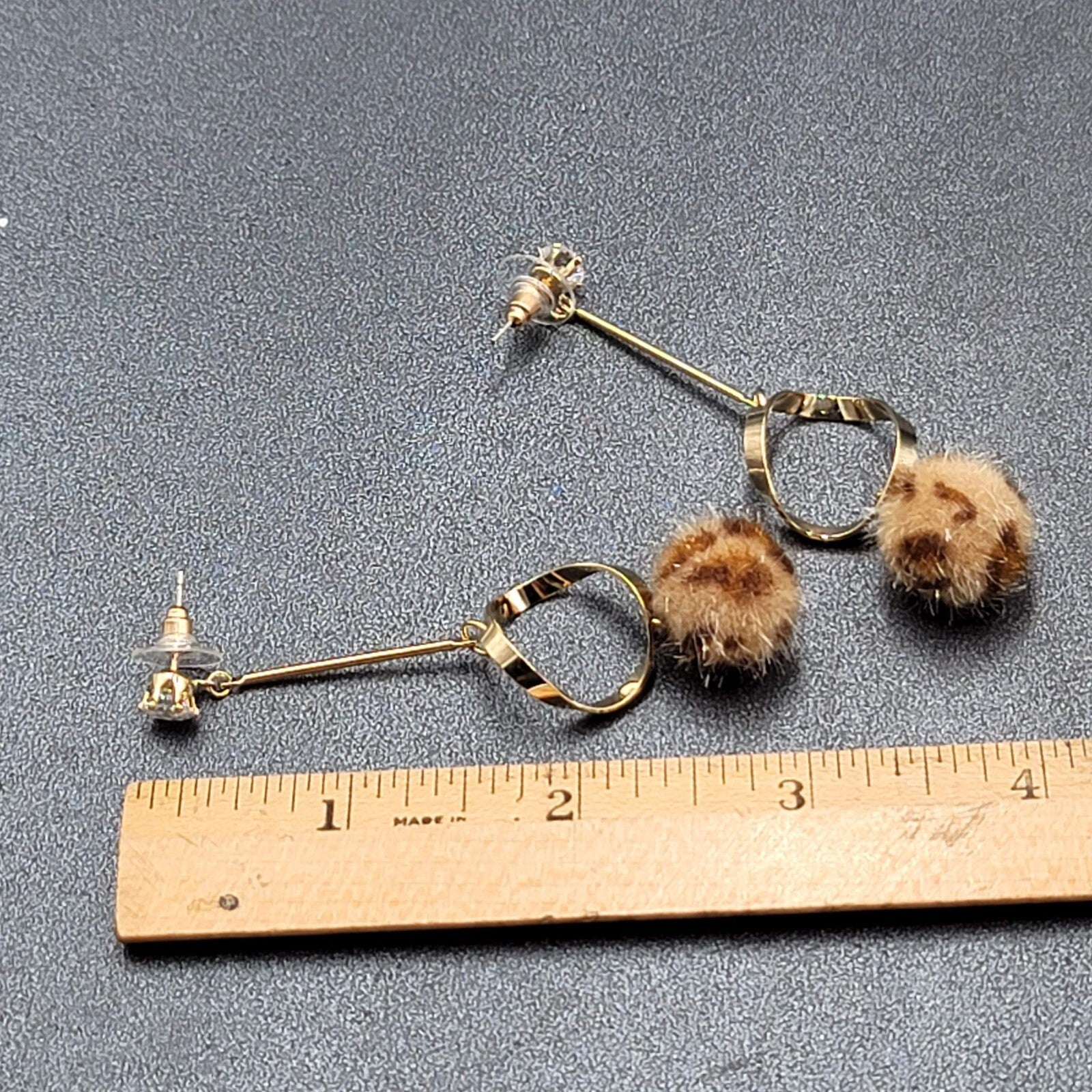 Pierced Earrings Gold tone Crystal Leopard Fuzz Ball Dangle 2.5"