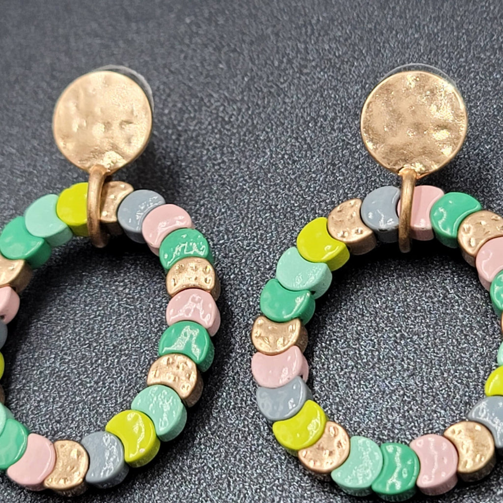 Pierced Earrings Gold tone Multicolor Strung Beads Hoop 2"