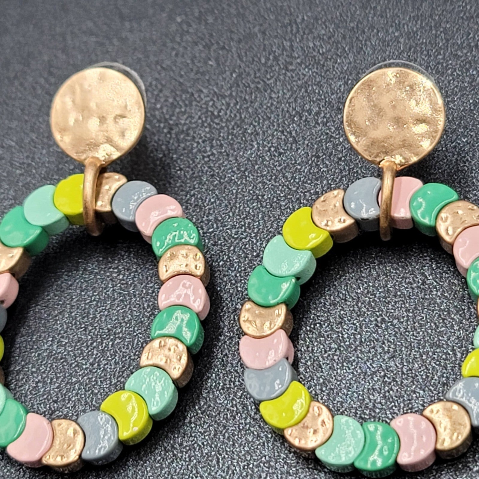 Pierced Earrings Gold tone Multicolor Strung Beads Hoop 2"