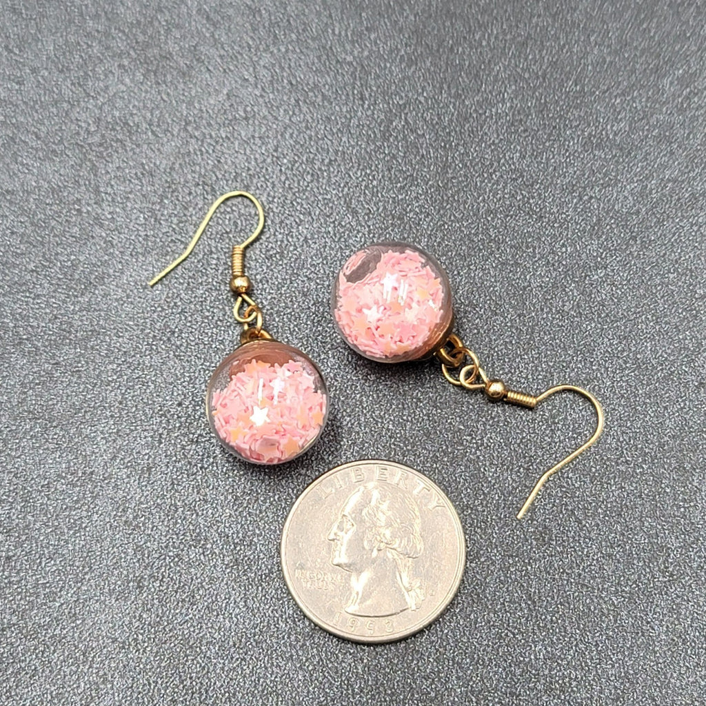 Pierced Earrings Silver tone Pink Star Confetti Glass Dangle 3/4"