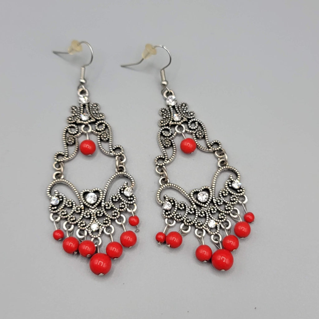 Chandelier Pierced Earrings Silver tone Red Bead Crystal Rhinestone 2.5"