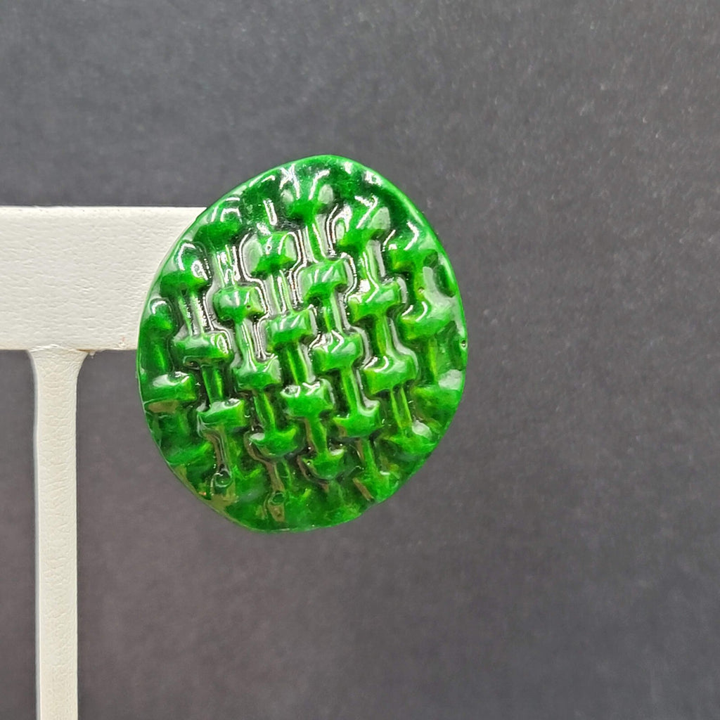 Vintage Pierced Earrings Dark Green Weave Pattern  1.5"