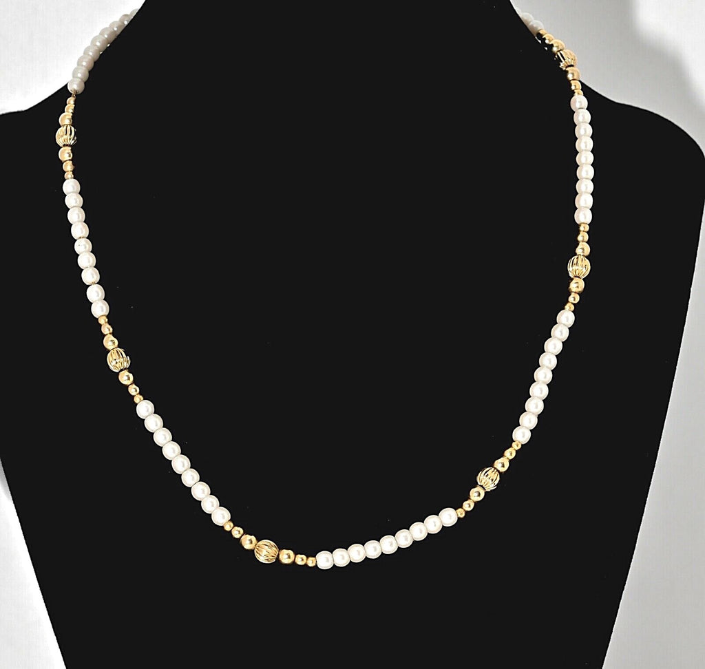 Vintage Elegant Faux Pearl & Gold Plated Beaded Necklace Estate Jewelry 16"