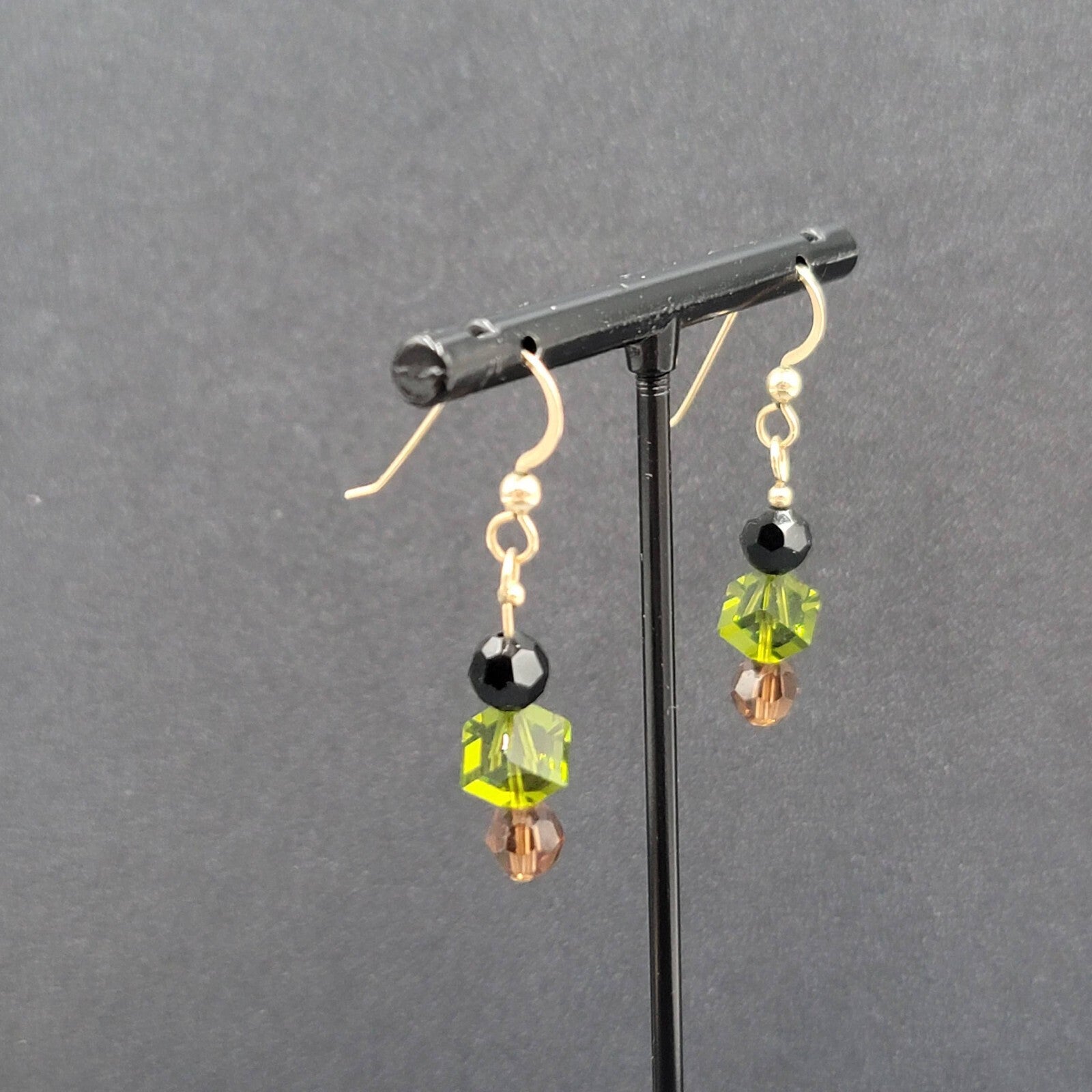 Pierced Earrings Gold tone Black Green Brown Crystal Bead Dangle 1"