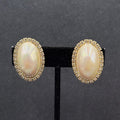 Vintage Clip on Earrings Statement AB Rhinestones Pearl White Cabochon 1 1/8"