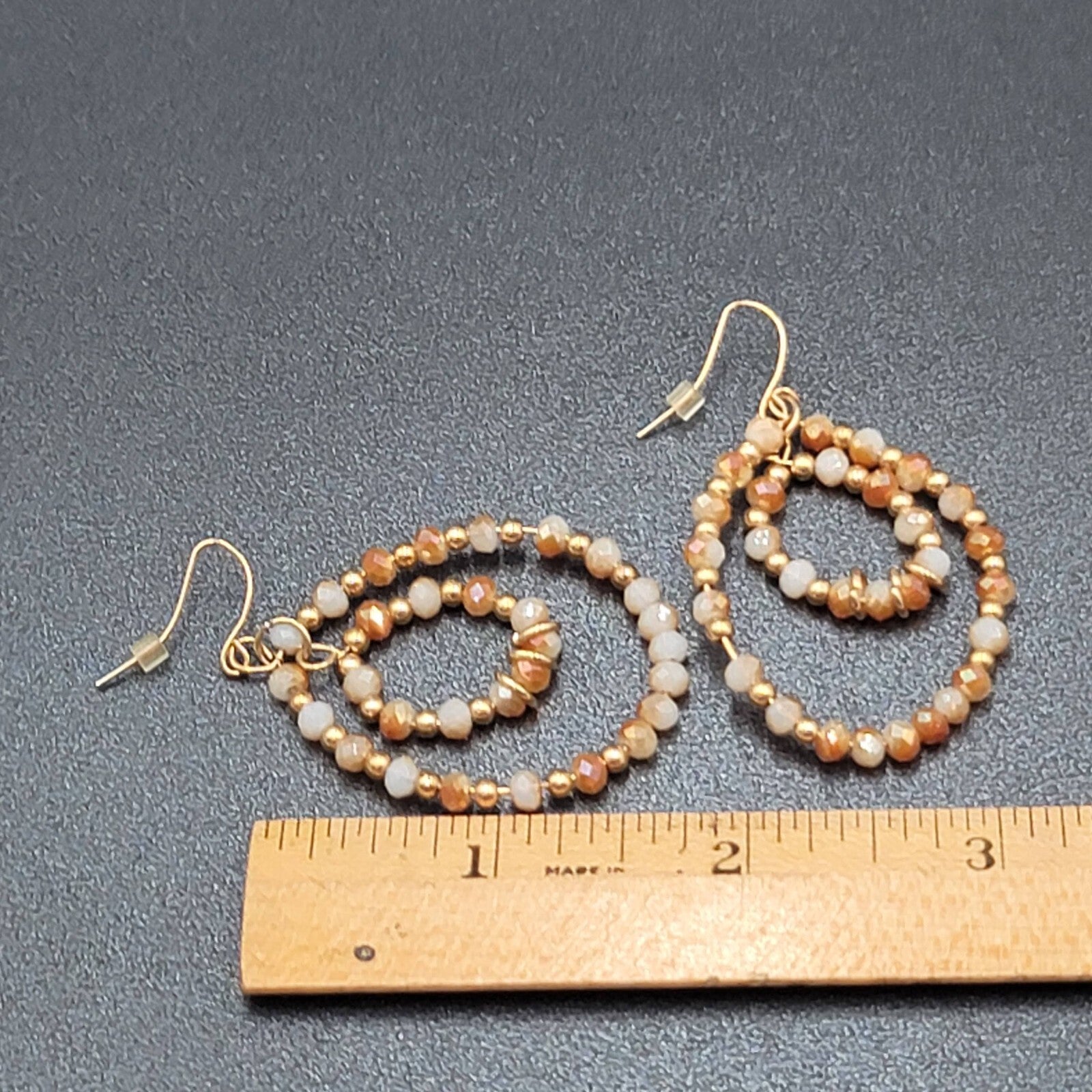 Pierced Earrings Gold tone Crystal Faceted Beaded Hoops 2"