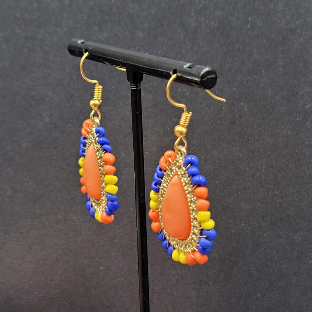 Pierced Earrings Gold tone Orange Teardrop Multicolor Beads 1 1/8"