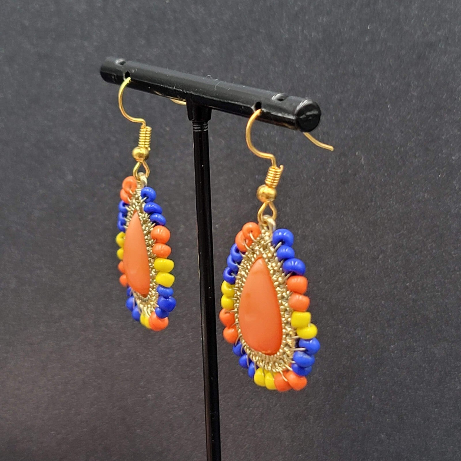 Pierced Earrings Gold tone Orange Teardrop Multicolor Beads 1 1/8"