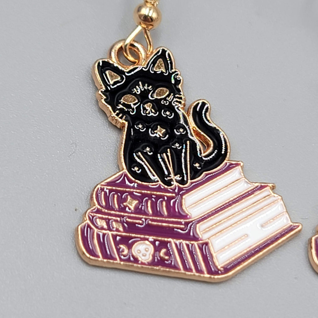 Black Cat Purple Books Pierced Earrings Enamel Gold tone Dangle New 1"