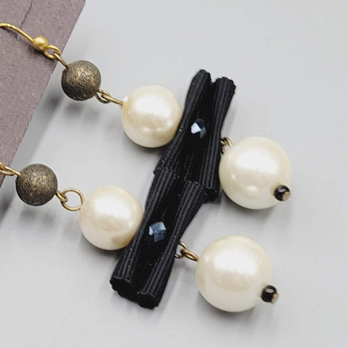 Chicos Pierced Earrings Gold tone White Bead Black Grosgrain Ribbon Dangle NWT