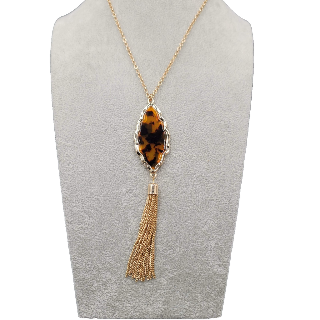 Statement Tassel Pendant Acrylic Tortoise Necklace Gold tone 28"