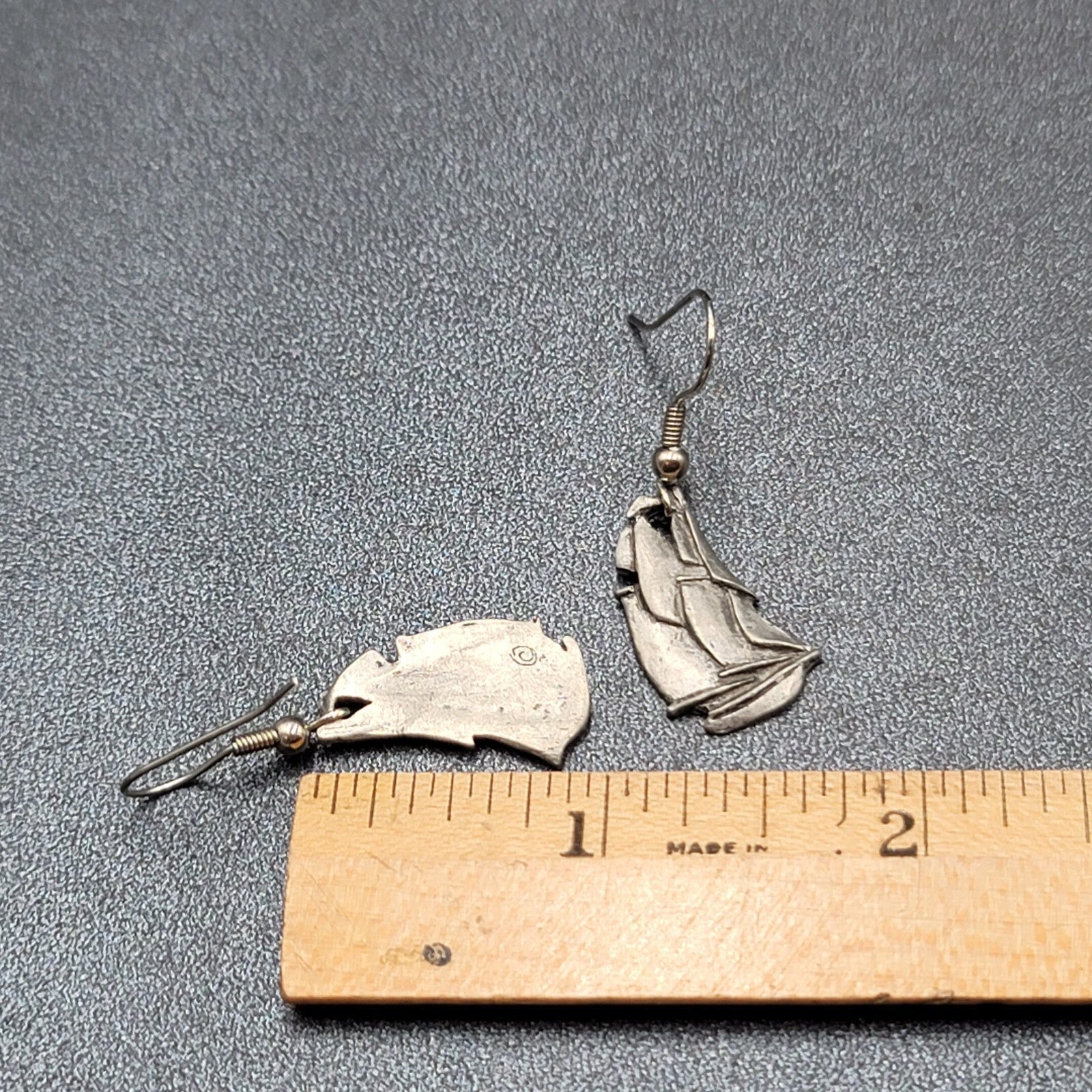 Vintage Ship Pierced Earrings Pewter Silver tone Dangle Nautical 7/8"