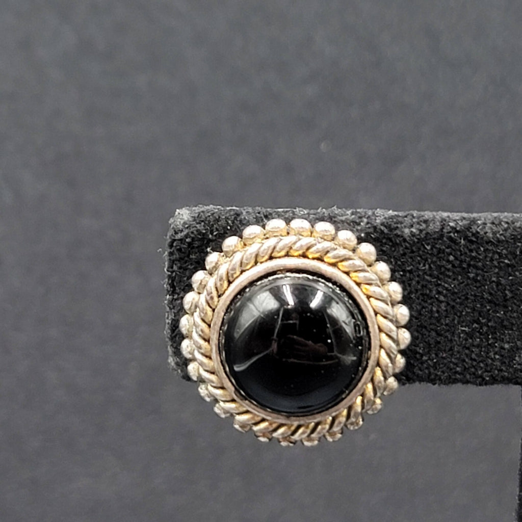 Vintage Clip on Earrings Silver Plated Black Stone Cabochon Studs 3/4"