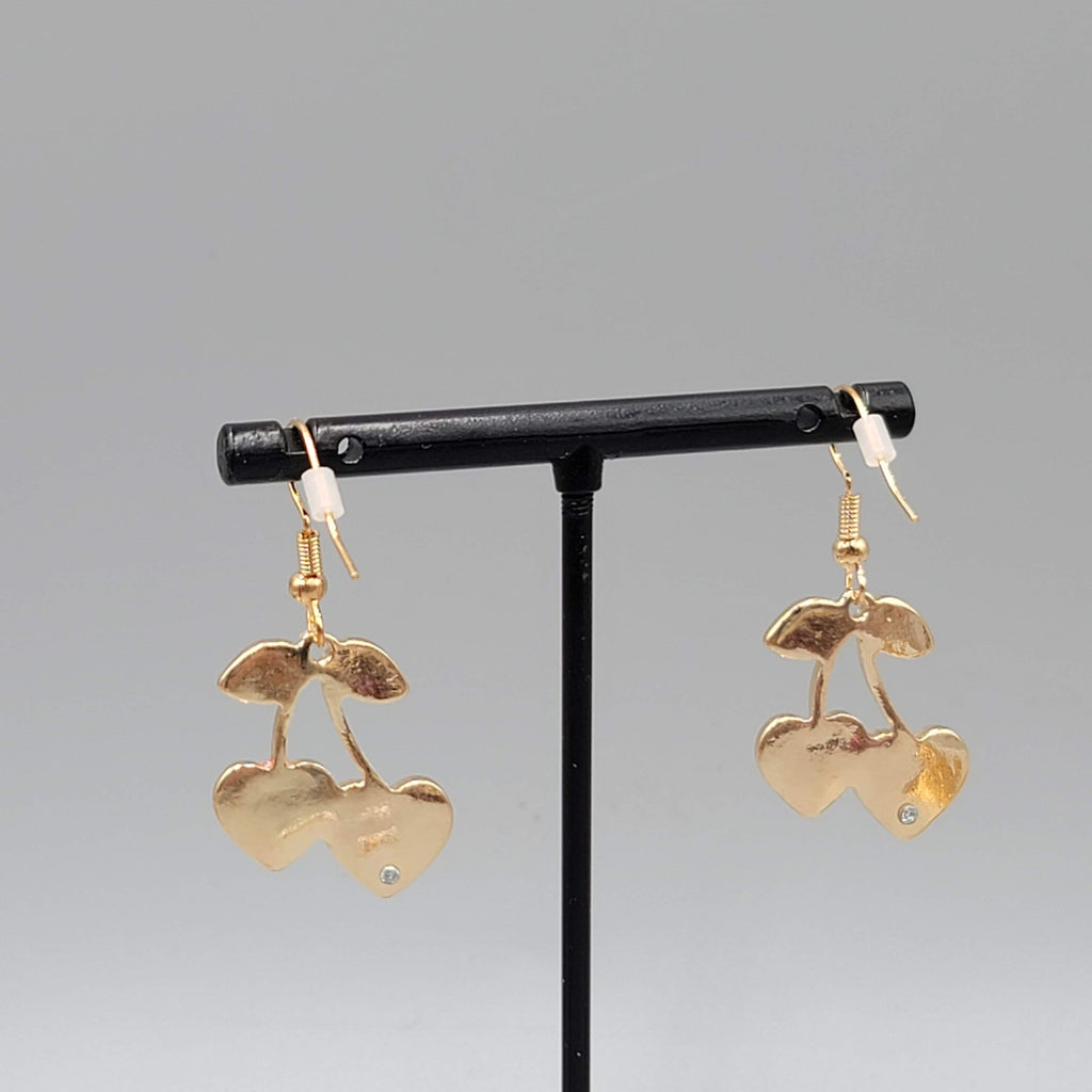 Heart Cherry Dangle Pierced Earrings Glitter Enamel Gold Tone Cute 1"