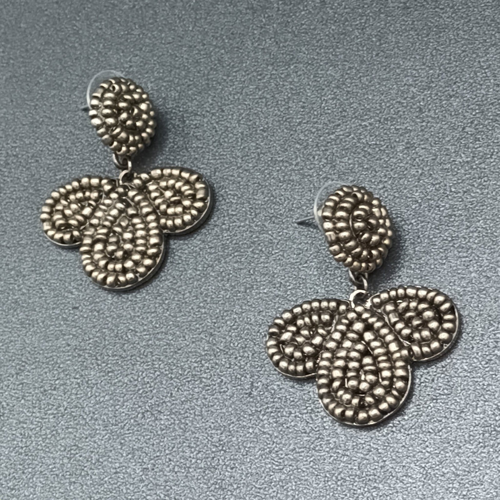 Vintage Pierced Earrings Black Metal Molded Beaded  Dangle 1 5/8"