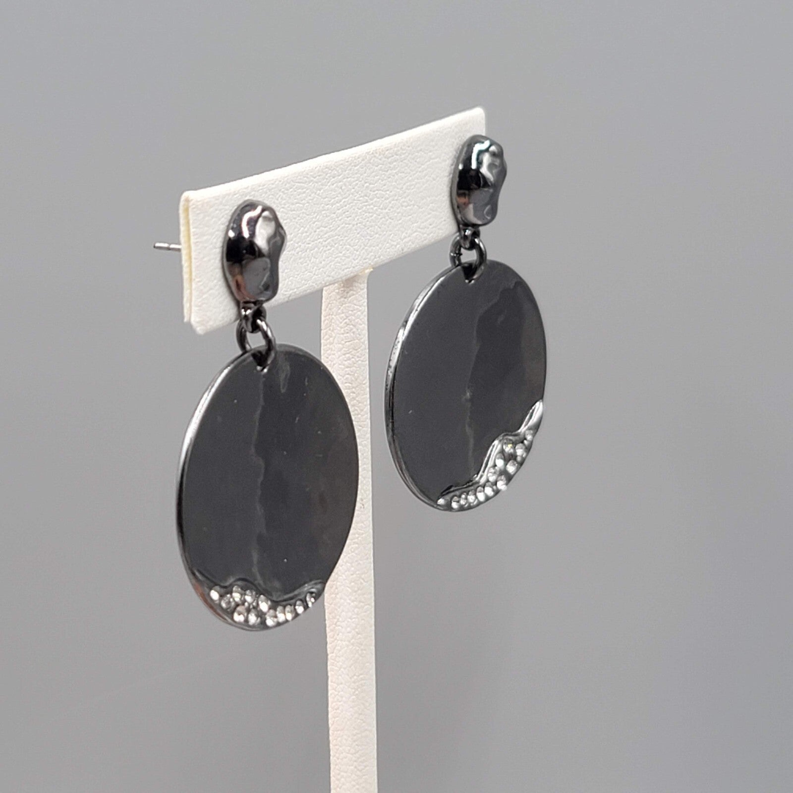 Black Metal Statement Pierced Earrings Rhinestone Round Dangle 1 5/8"