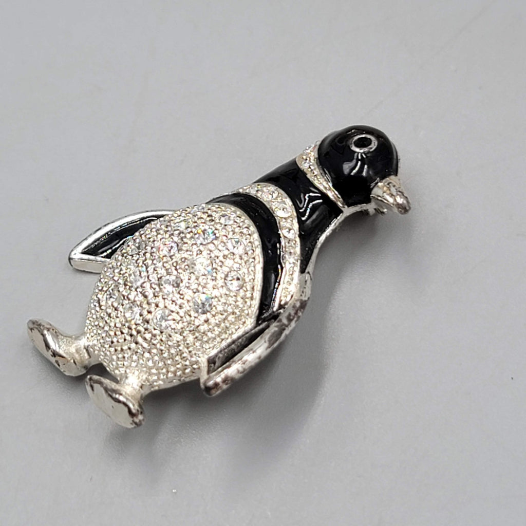 Penguin Brooch Rhinestone Black & White Silver tone 1.75"