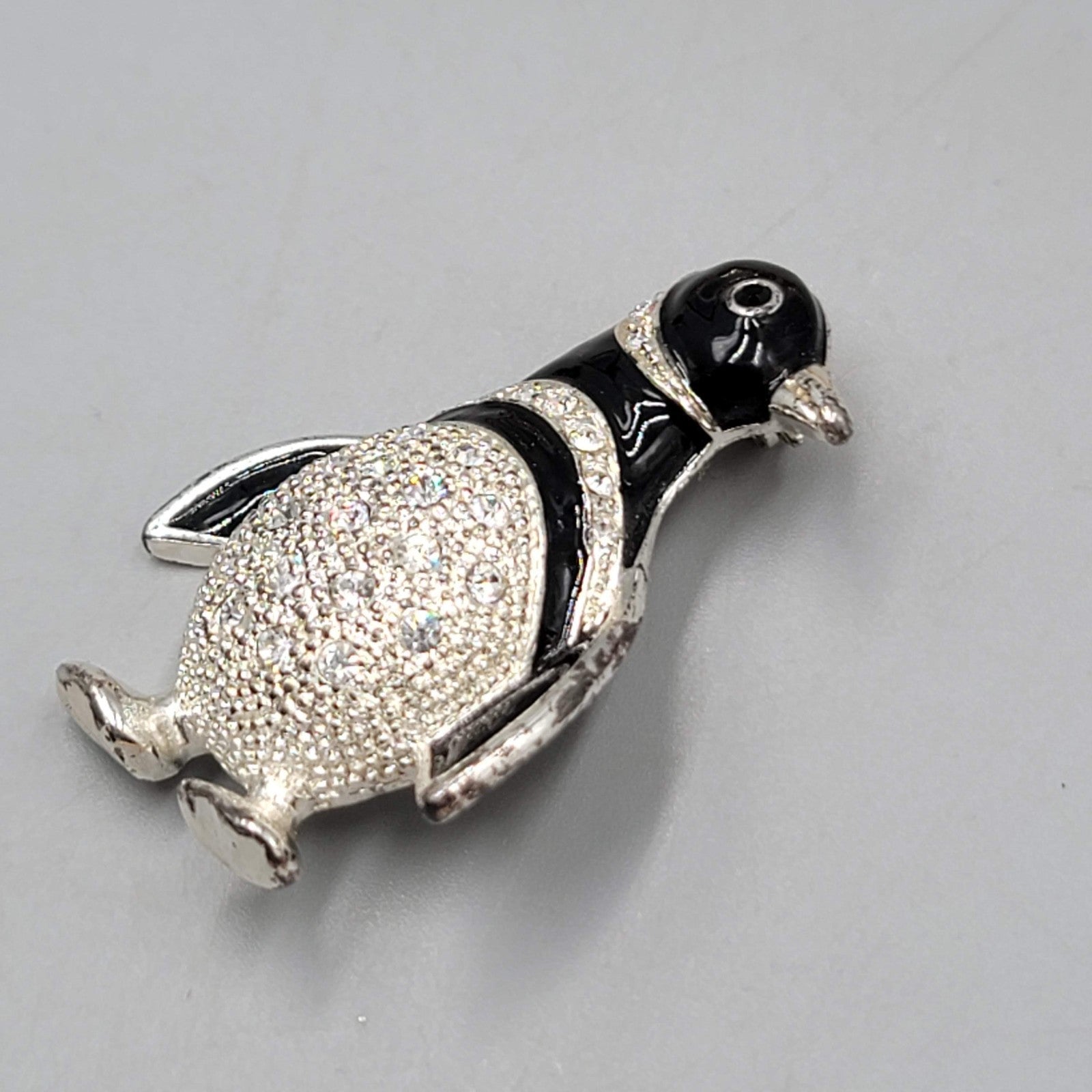 Penguin Brooch Rhinestone Black & White Silver tone 1.75"