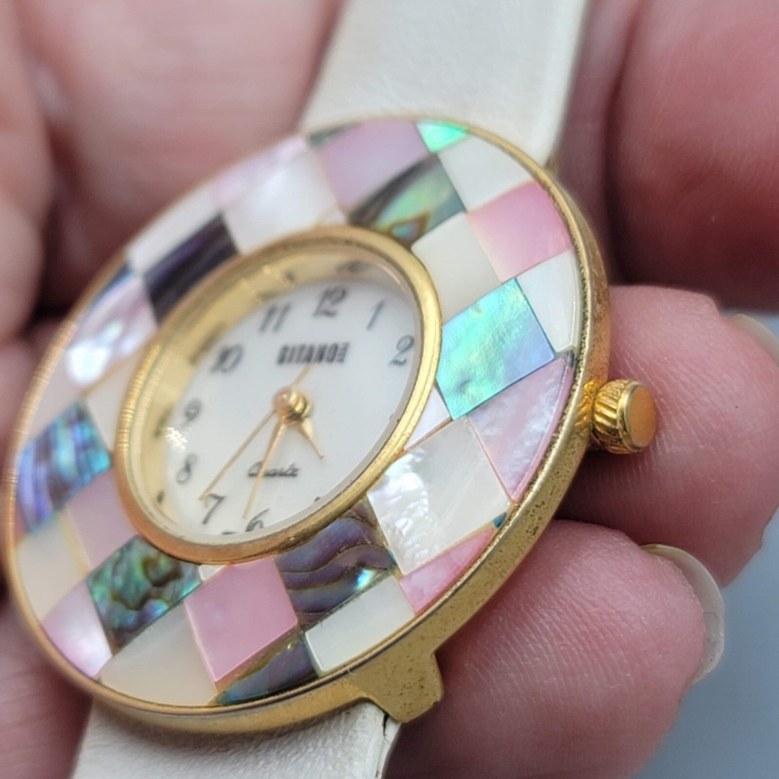 Vintage Gitano Watch Women Gold Tone MOP Mosaic Bezel NEEDS BATTERY