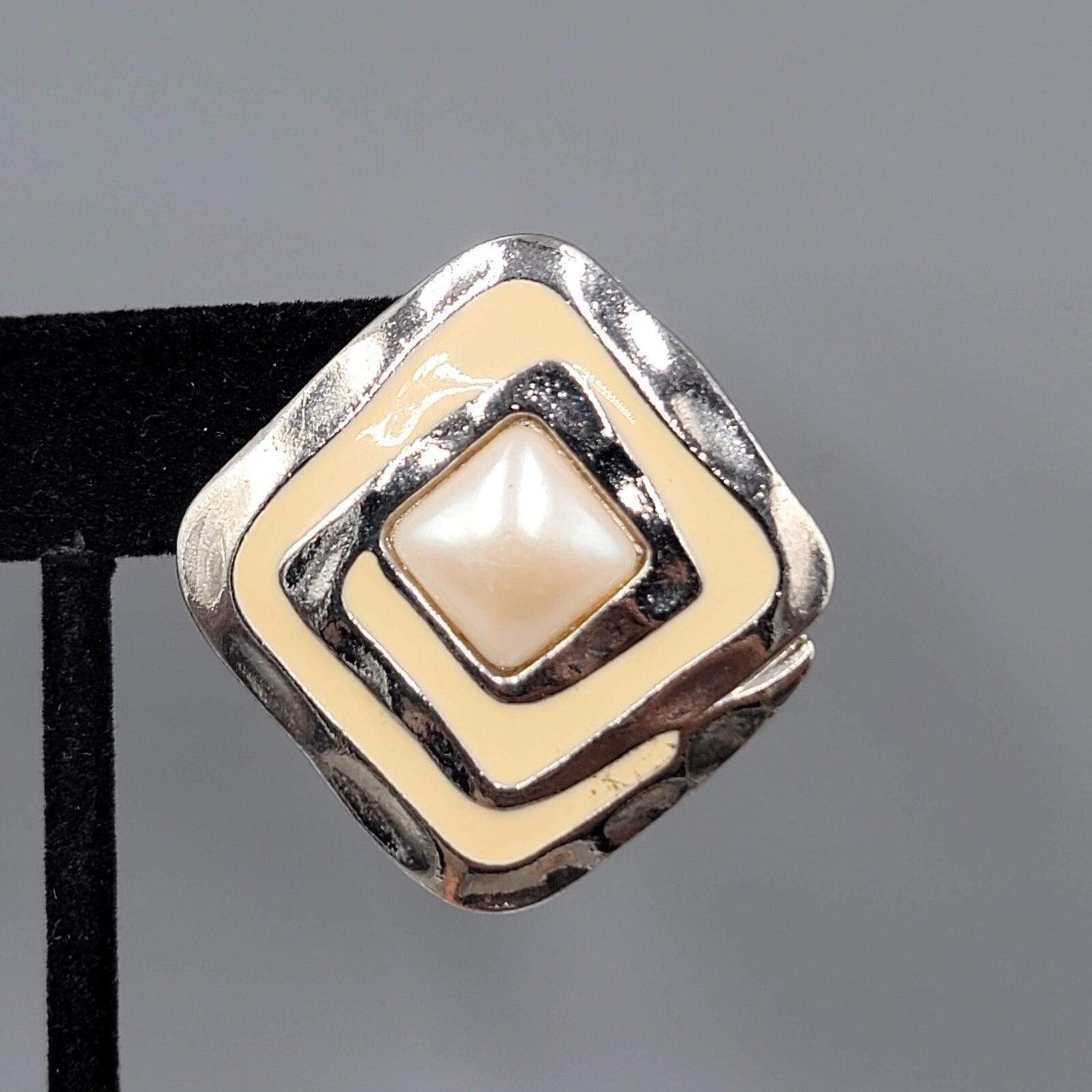 Vintage Pierced Earrings Silver tone Ivory Enamel Drop Square 1 5/8"